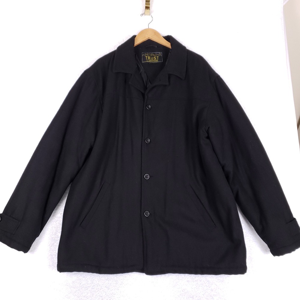 Trust Mens Black Wool Blend Quilted Lined Car Coat Jacket XL Heavyweight